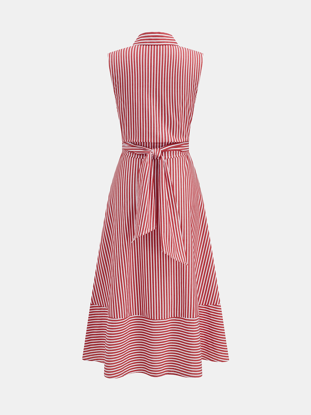 Striped Sleeveless Midi Dress with Collared Tie Waist