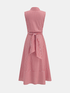 Striped Tie Waist Sleeveless Collared Midi Dress