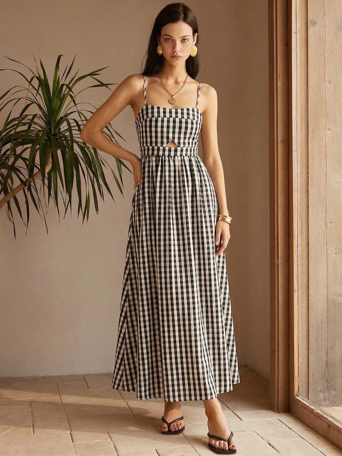 Gingham Cotton Maxi Dress with Cutout Cami Detail