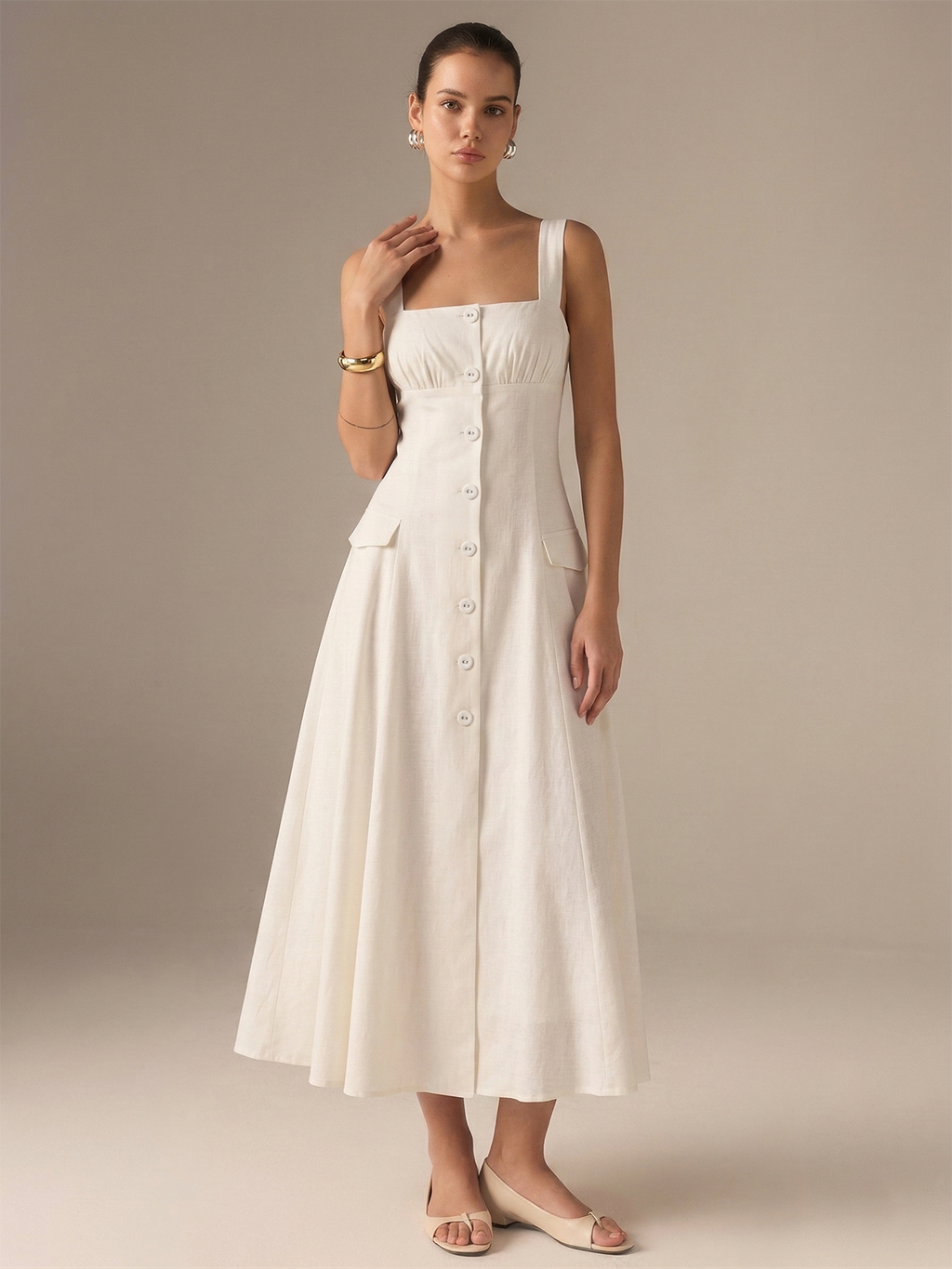 Cotton Blend Maxi Dress with Button-Front Closure
