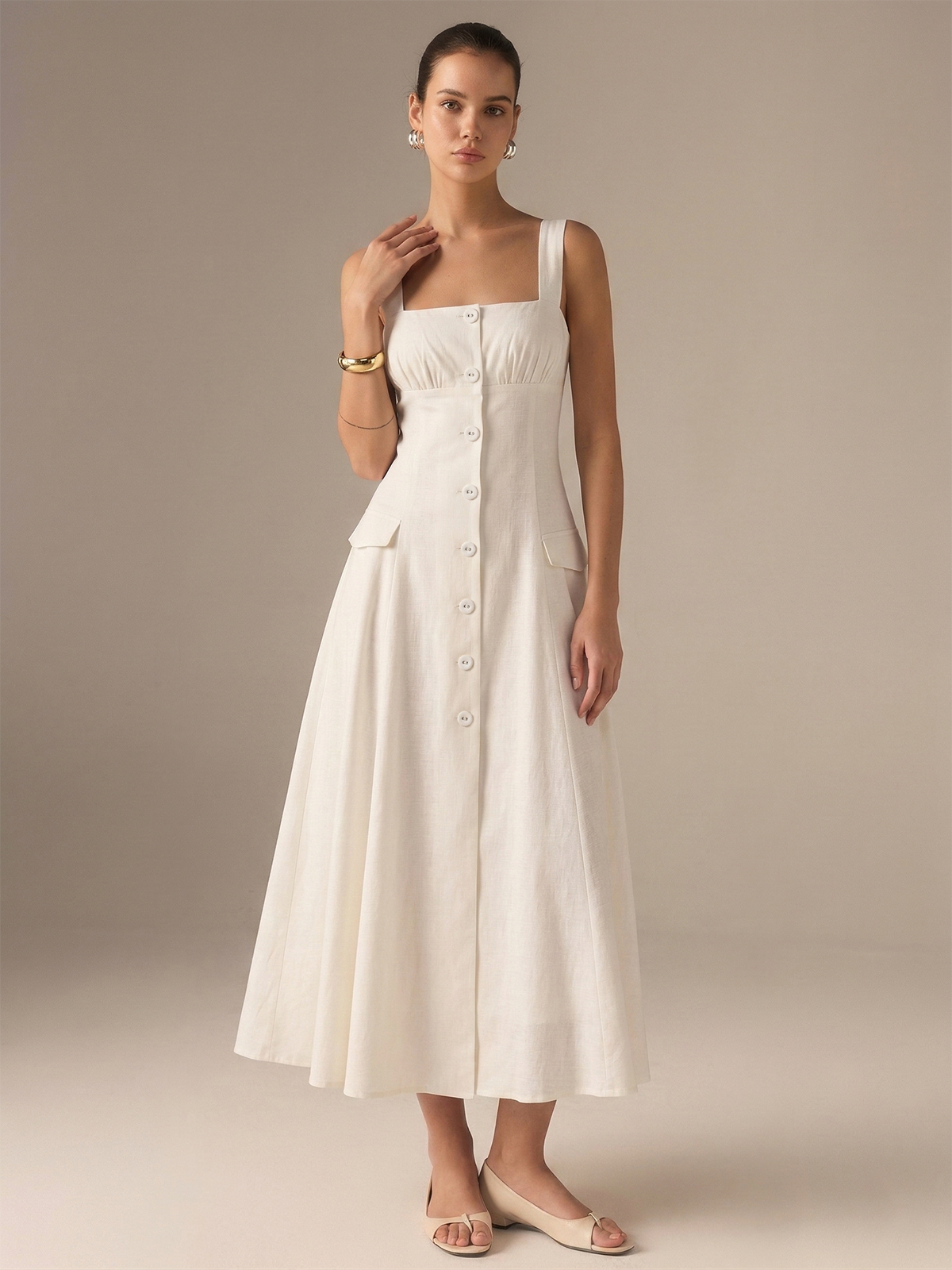 Cotton Blend Maxi Dress with Button-Front Closure