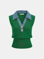 Denim Collar Sleeveless Vest with Metal Buttons