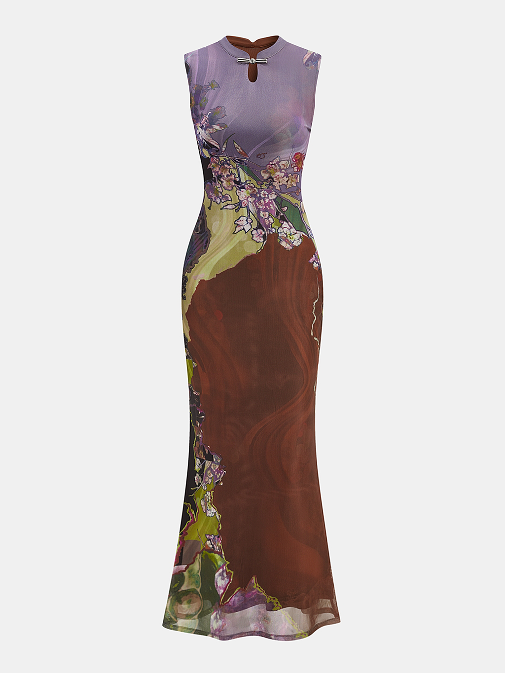Floral Print Sleeveless Cheongsam-Inspired Maxi Dress