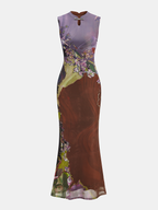 Floral Print Sleeveless Cheongsam-Inspired Maxi Dress
