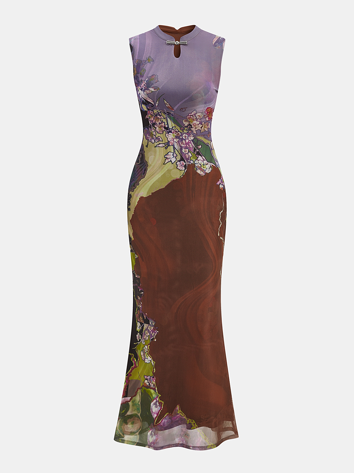Floral Print Sleeveless Cheongsam-Inspired Maxi Dress