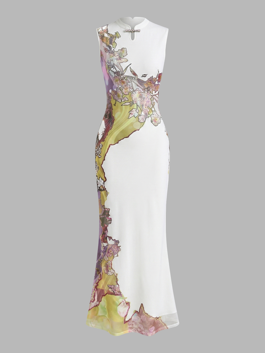Floral Print Sleeveless Cheongsam-Inspired Maxi Dress