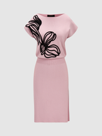 Short Sleeve Knitted Dress with 3D Floral Appliques