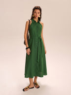 Cotton Linen Halter Maxi Dress with Belted Waist