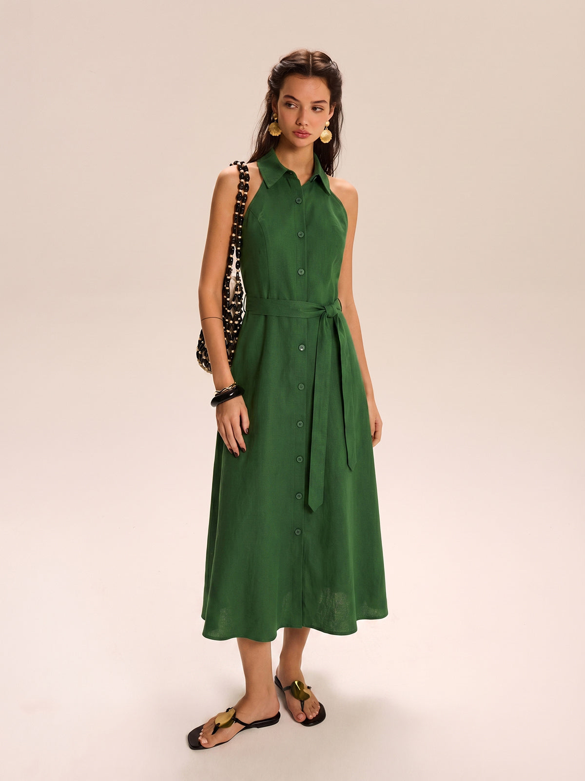 Cotton Linen Halter Maxi Dress with Belted Waist