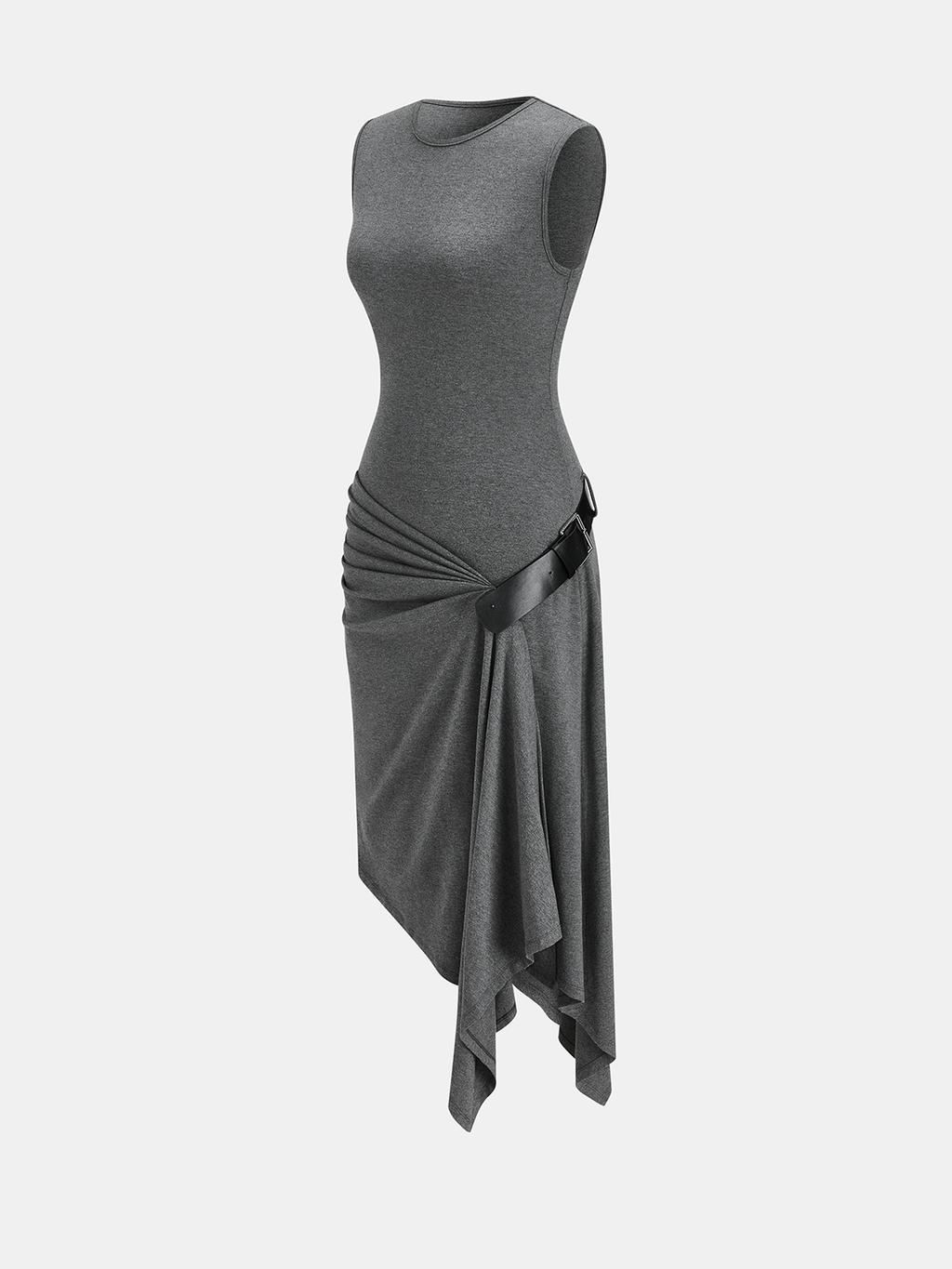 Sleeveless Ruched Dress with Belted Asymmetrical Hem