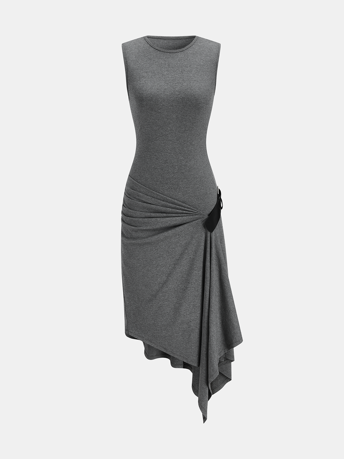 Sleeveless Ruched Dress with Belted Asymmetrical Hem