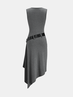 Sleeveless Ruched Dress with Belted Asymmetrical Hem