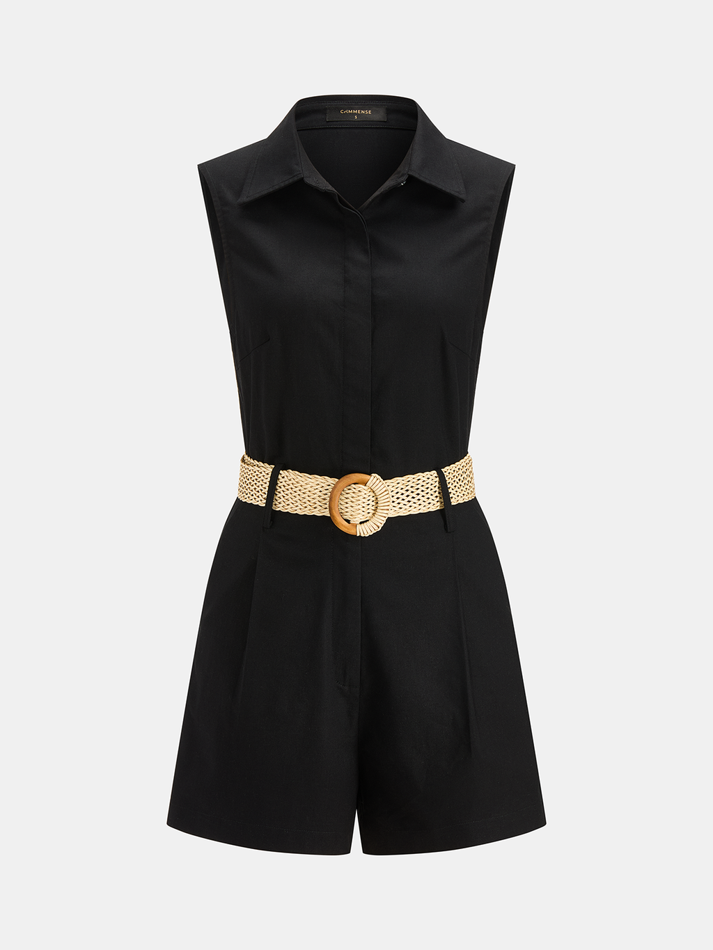 Linen Blend Romper with Belt and Sleeveless Design