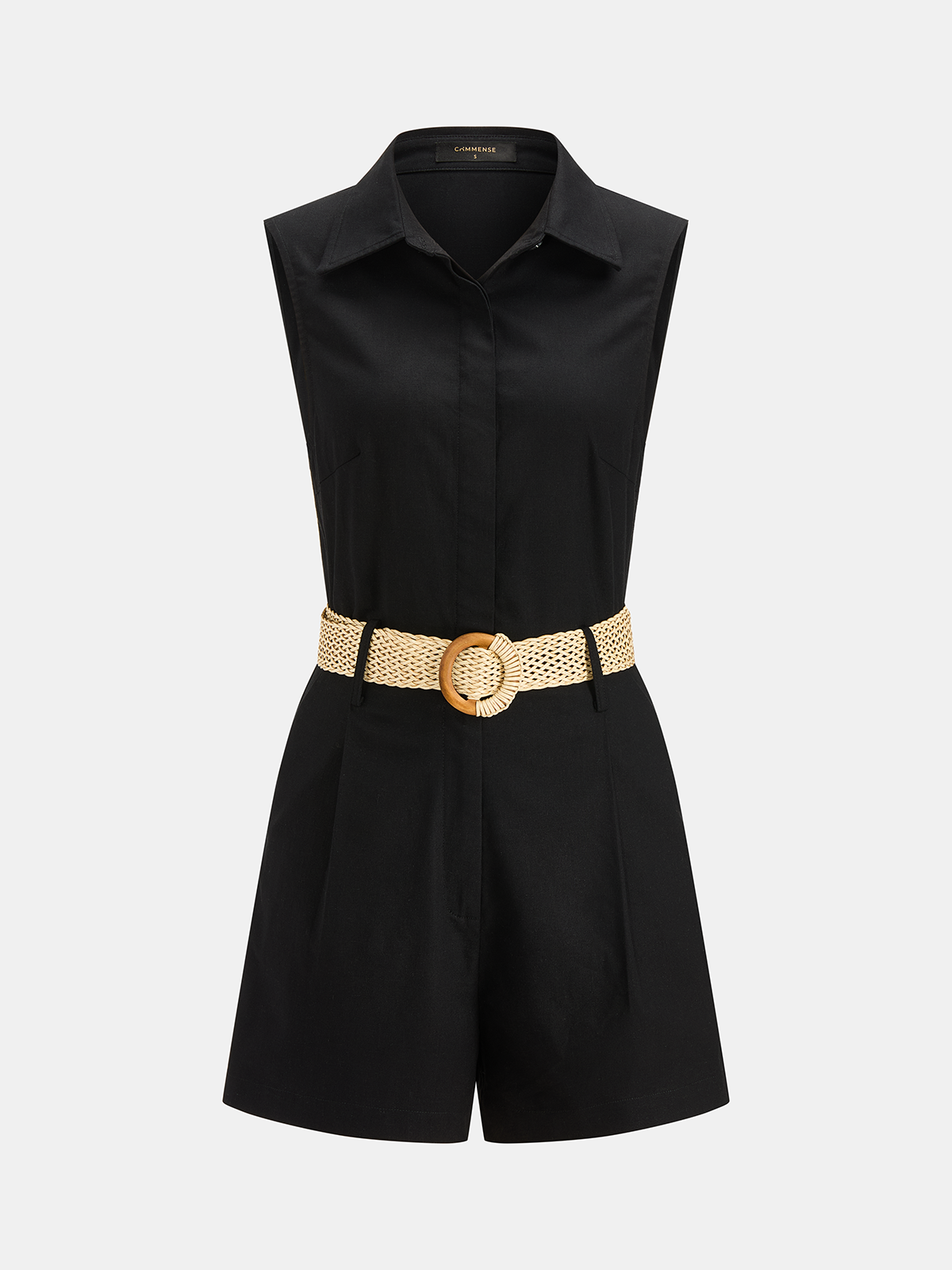 Linen Blend Romper with Belt and Sleeveless Design