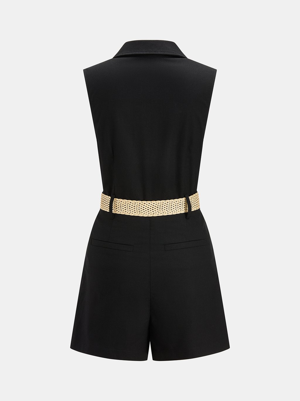 Linen Blend Romper with Belt and Sleeveless Design