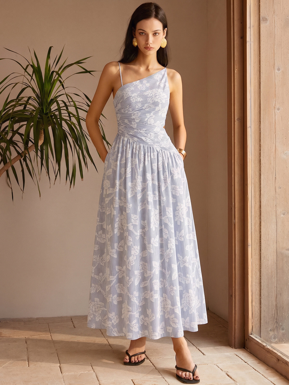 Asymmetric Maxi Dress with Striped Floral Embroidery