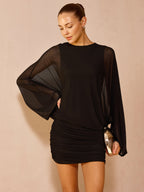 Sheer Long Sleeve Ruched Mini Dress