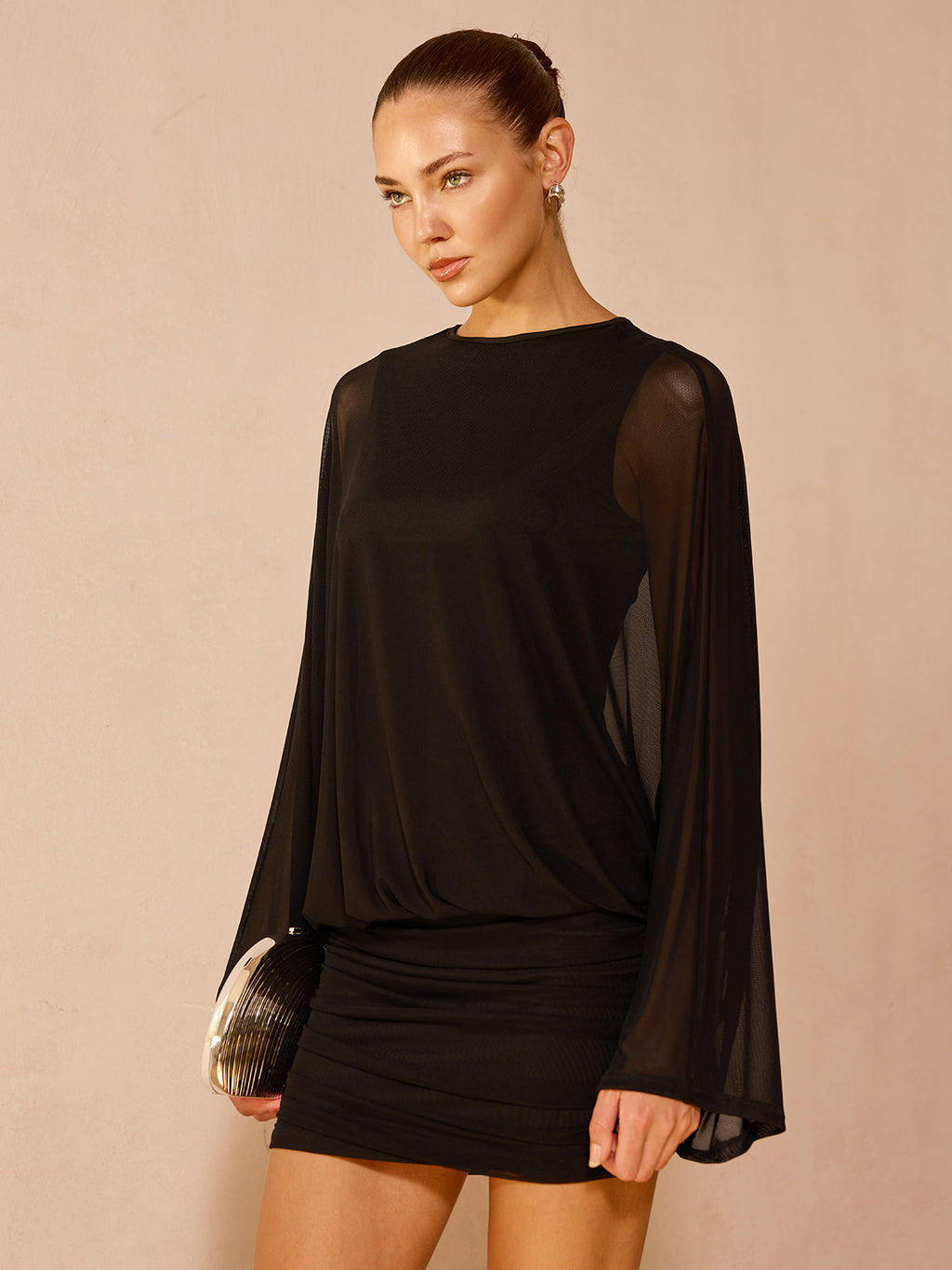 Sheer Long Sleeve Ruched Mini Dress