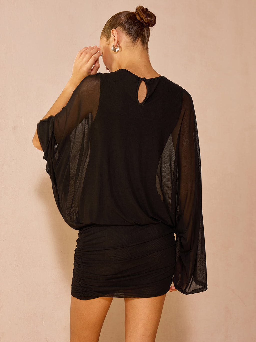Sheer Long Sleeve Ruched Mini Dress