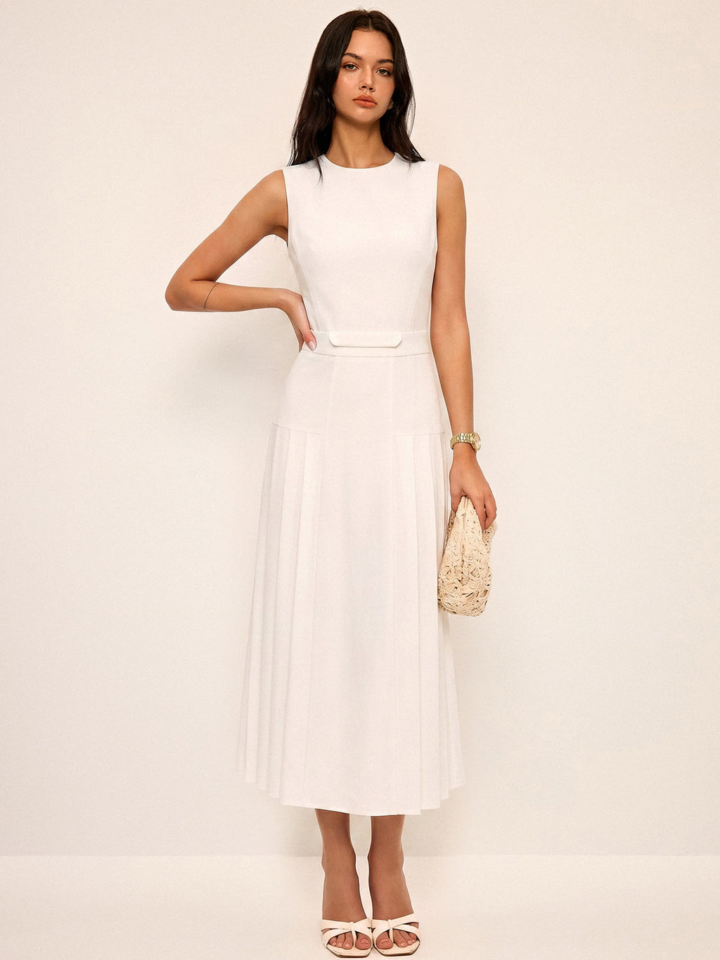 Elegant Sleeveless Midi Dress with Pleated Skirt