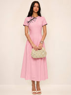 Bow-Accented Cotton Cheongsam-Inspired Midi Dress
