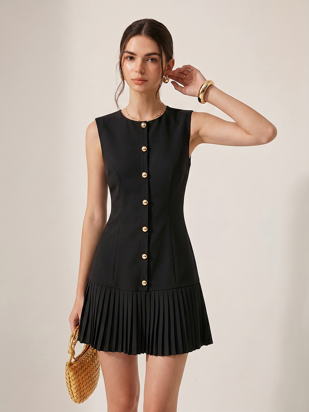Sleeveless Metal Detail Pleated Slim Mini Dress