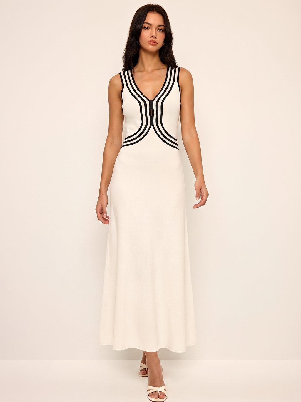 Striped Sleeveless V-Neck Knitted Maxi Dress