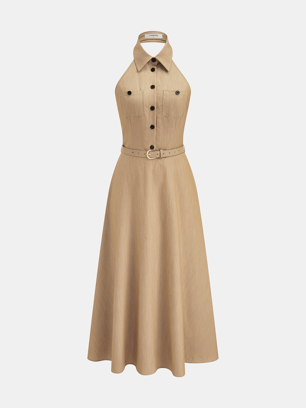 Collared Halter Dress with Belt and Open Back