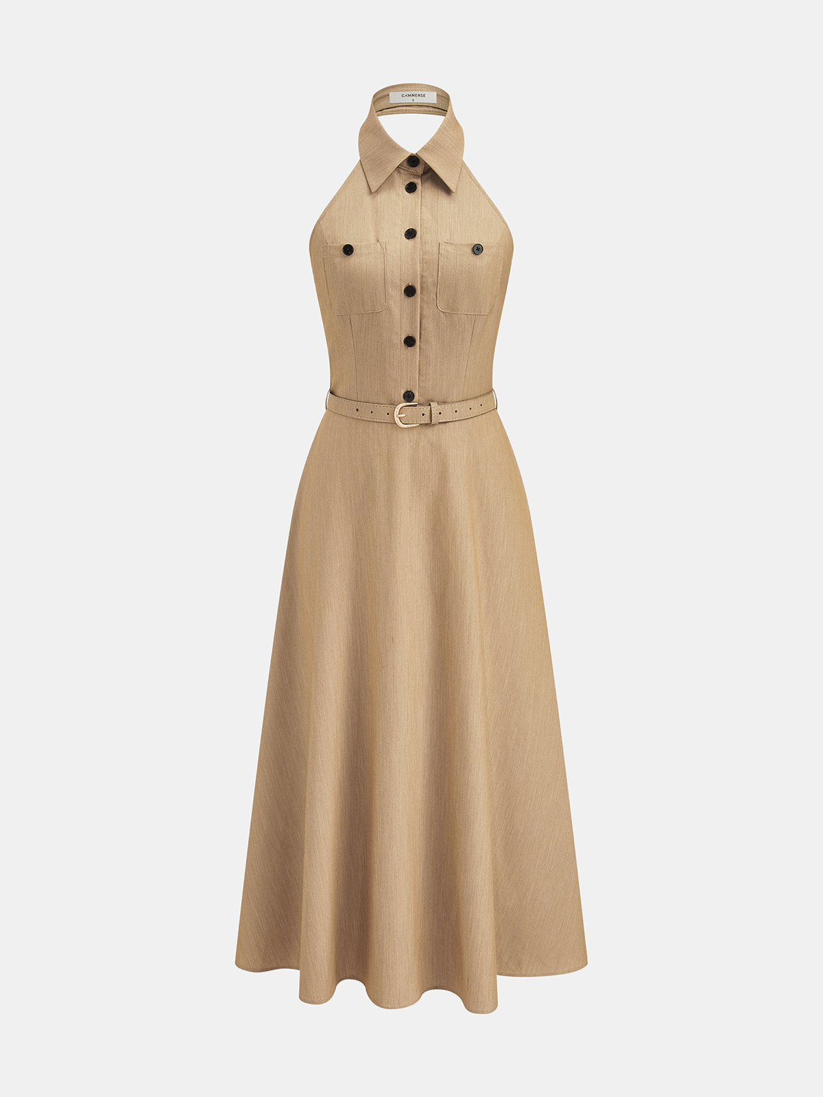 Collared Halter Dress with Belt and Open Back