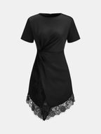 Short Sleeve Dress with Lace Hem and Waist Twist