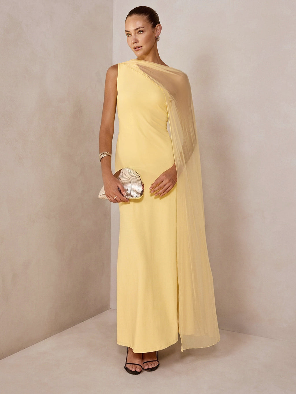 Elegant Sheer Draped Maxi Dress for Evening Events