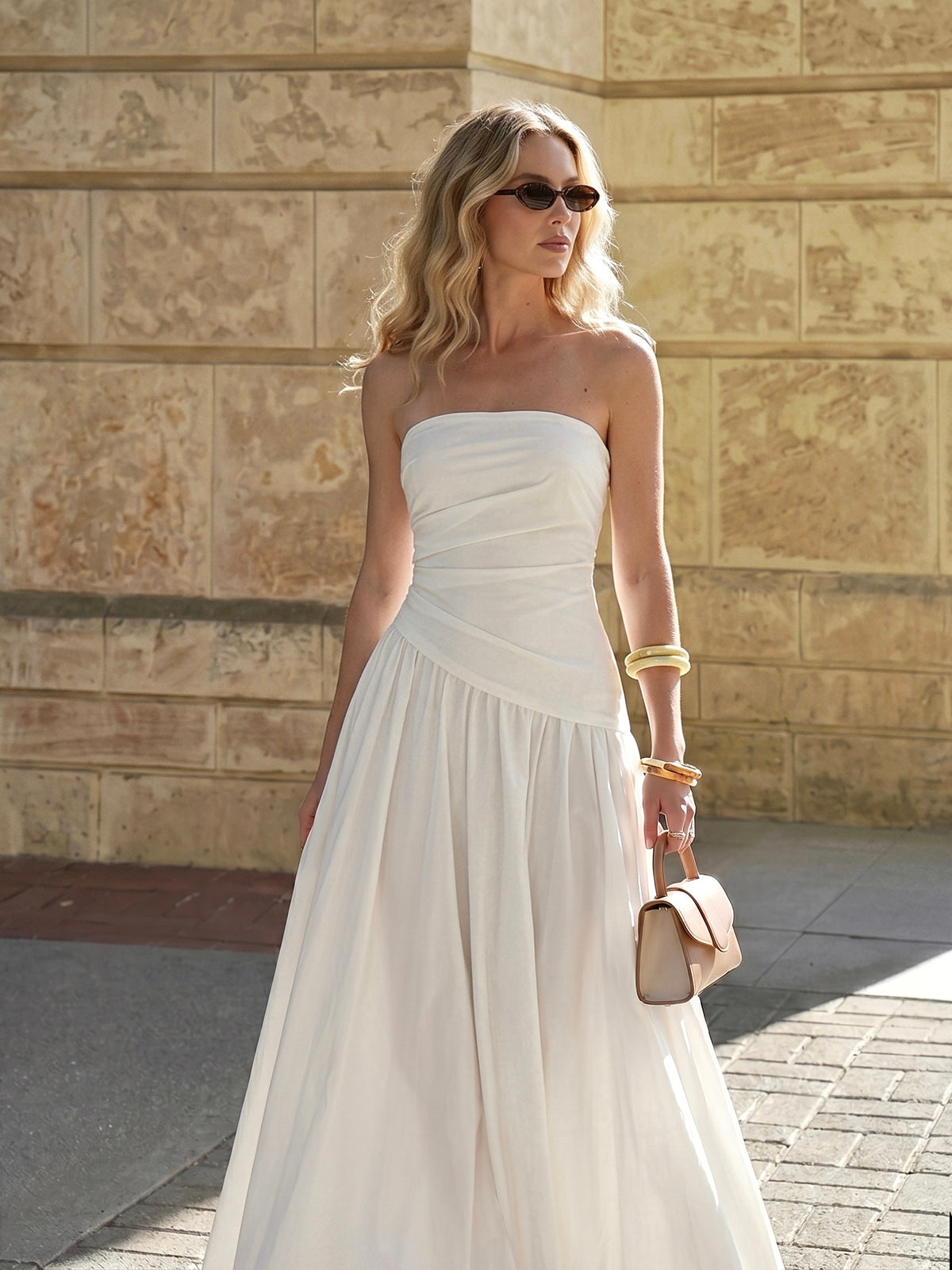 Strapless Ruched Maxi Dress with Flowy Design