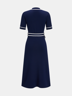 Contrast Edge Belted Knit Dress with Short Sleeves