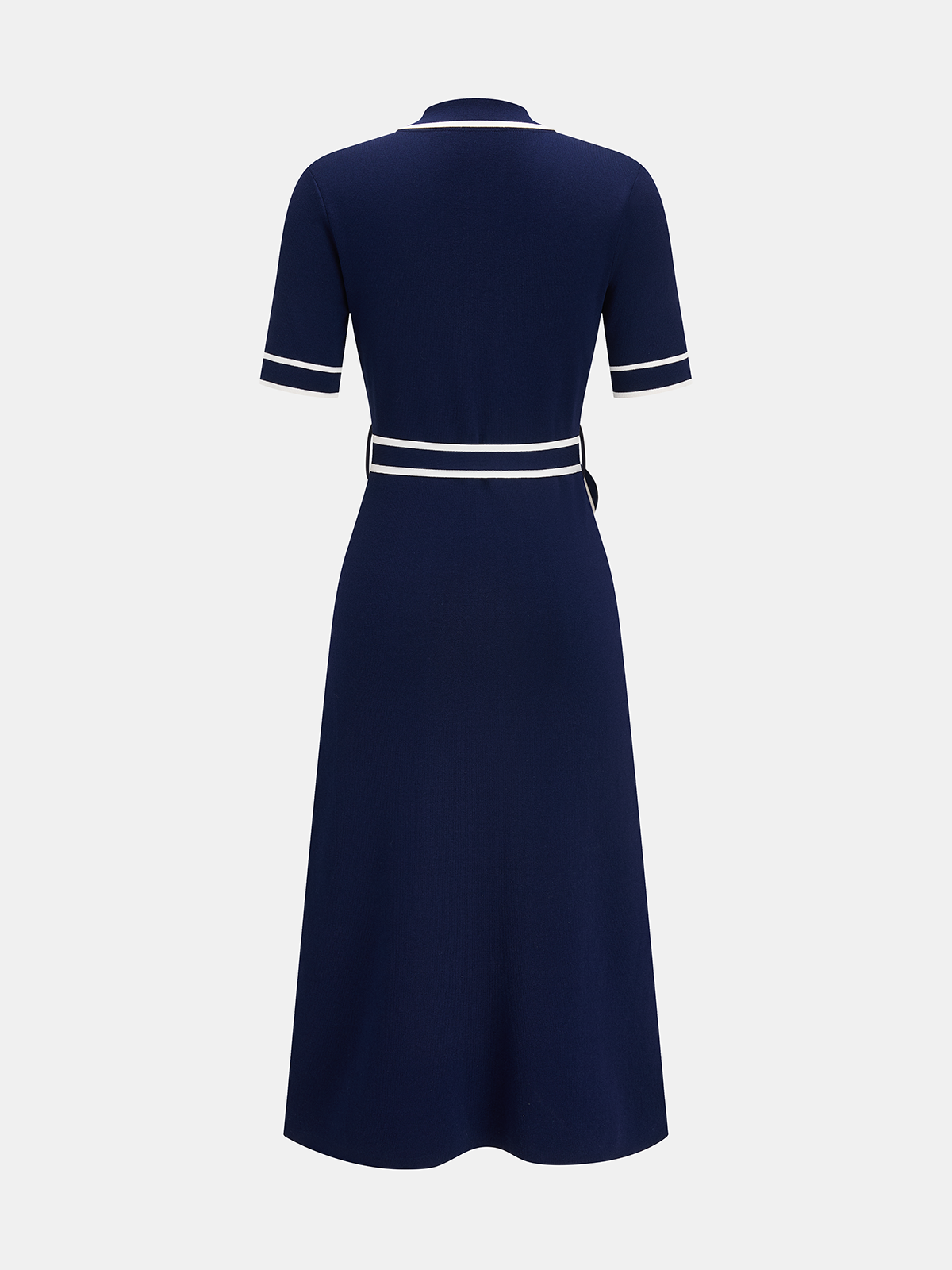 Contrast Edge Belted Knit Dress with Short Sleeves