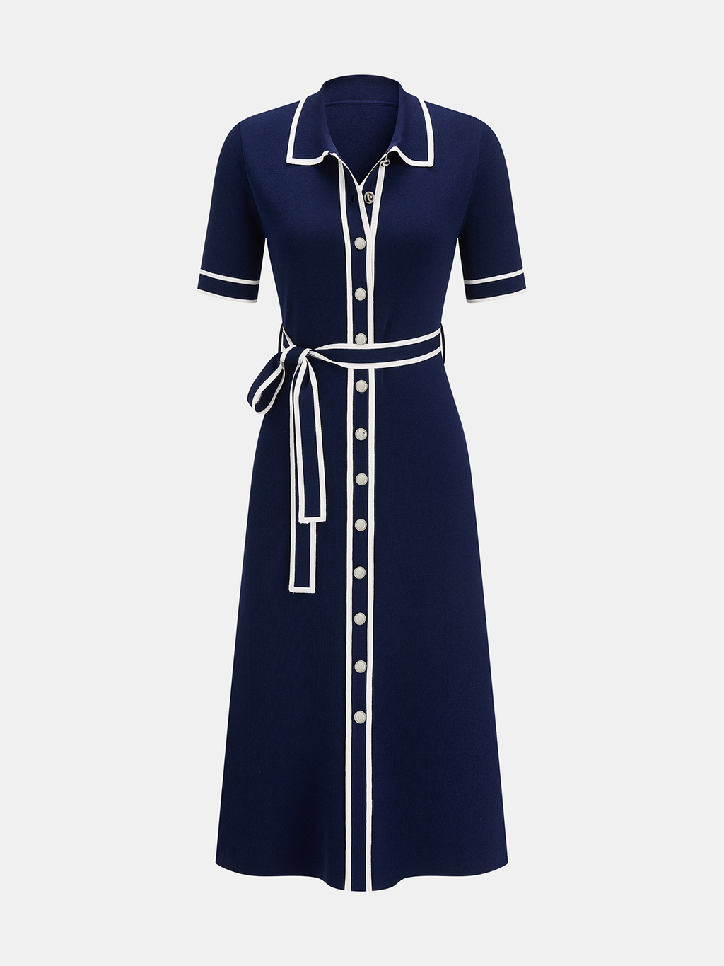Contrast Edge Belted Knit Dress with Short Sleeves