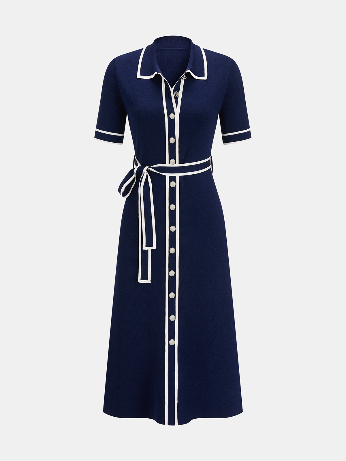 Contrast Edge Belted Knit Dress with Short Sleeves