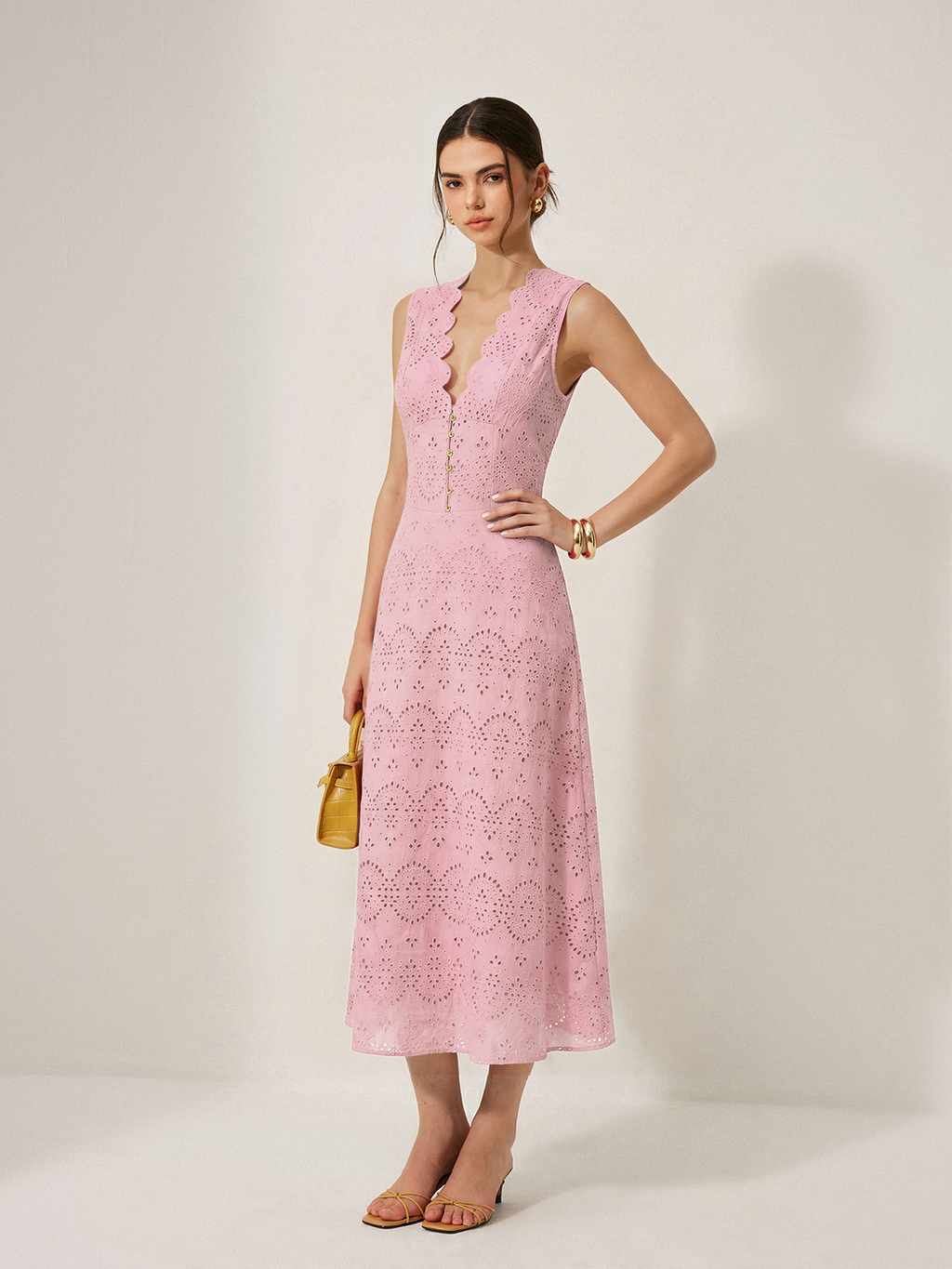 Cotton Sleeveless Dress with Embroidered Eyelet Detail