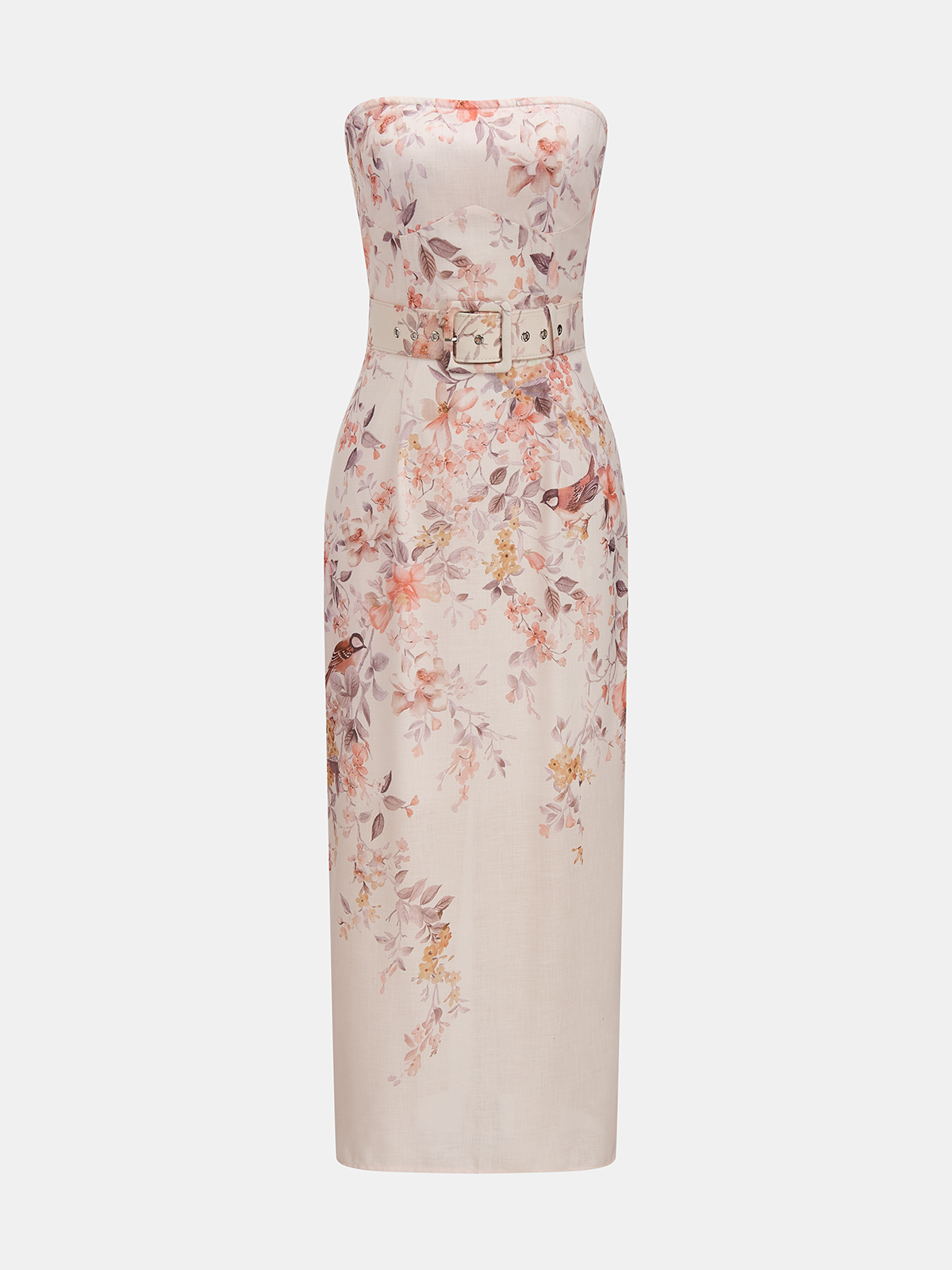 Strapless Maxi Dress with Belt and Floral Design