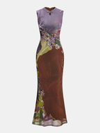 Floral Print Sleeveless Cheongsam-Inspired Maxi Dress