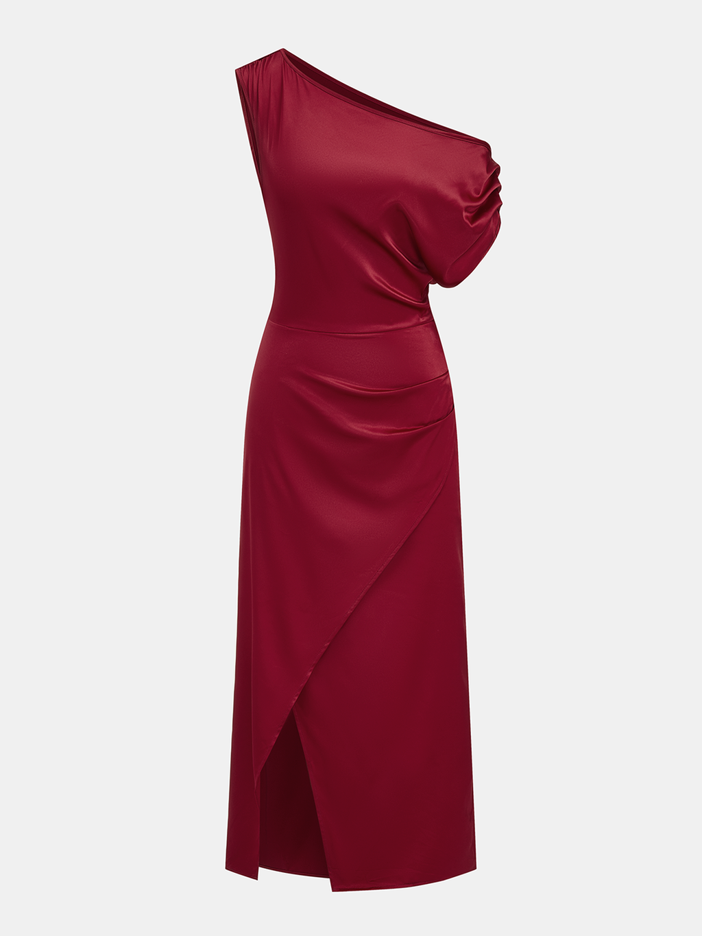 Satin Wrap Maxi Dress with One Shoulder Ruched