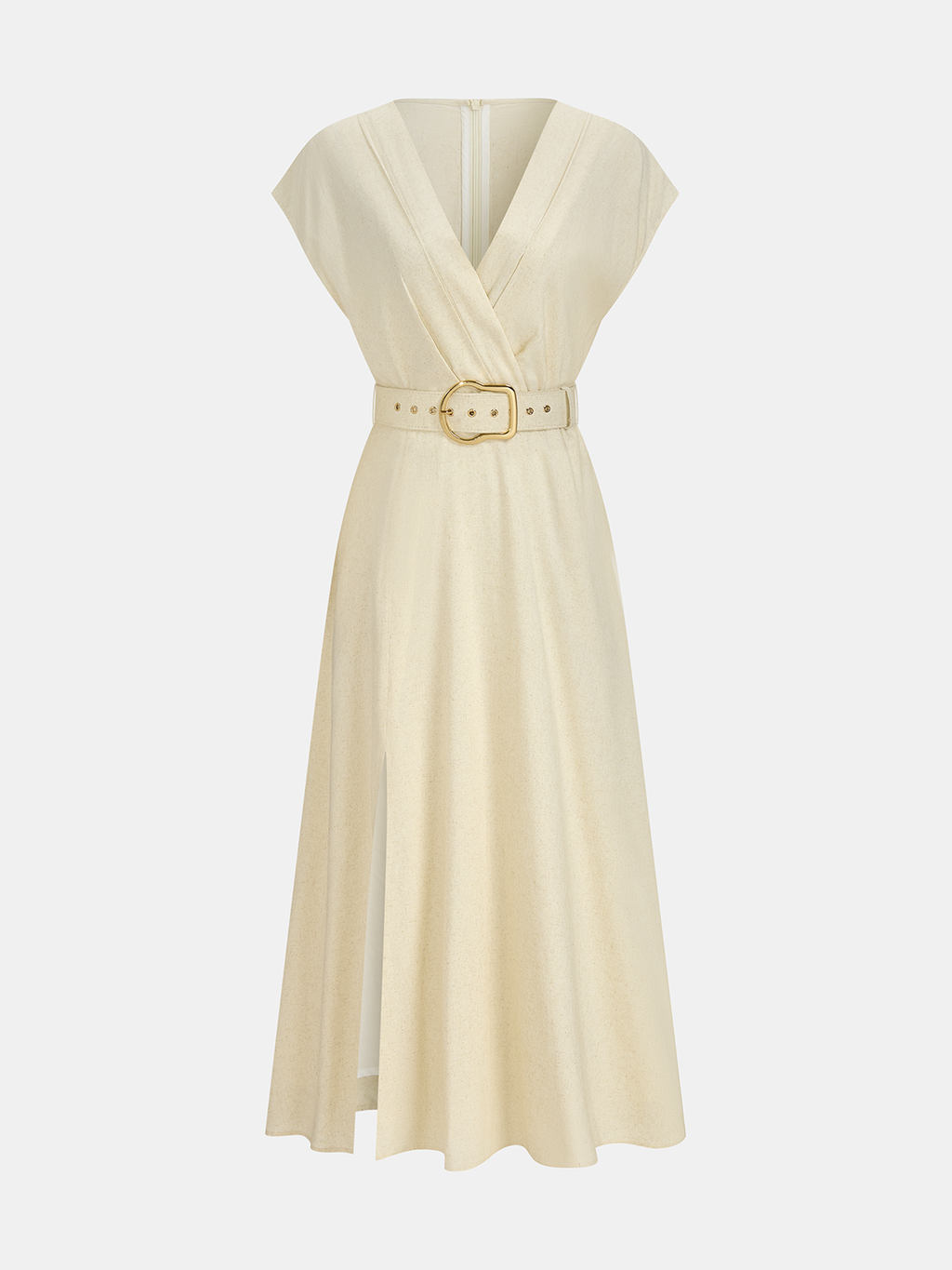 Linen-Blend V-Neck Maxi Dress with Belt
