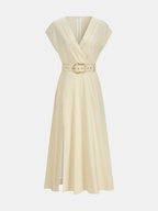 Linen-Blend V-Neck Maxi Dress with Belt