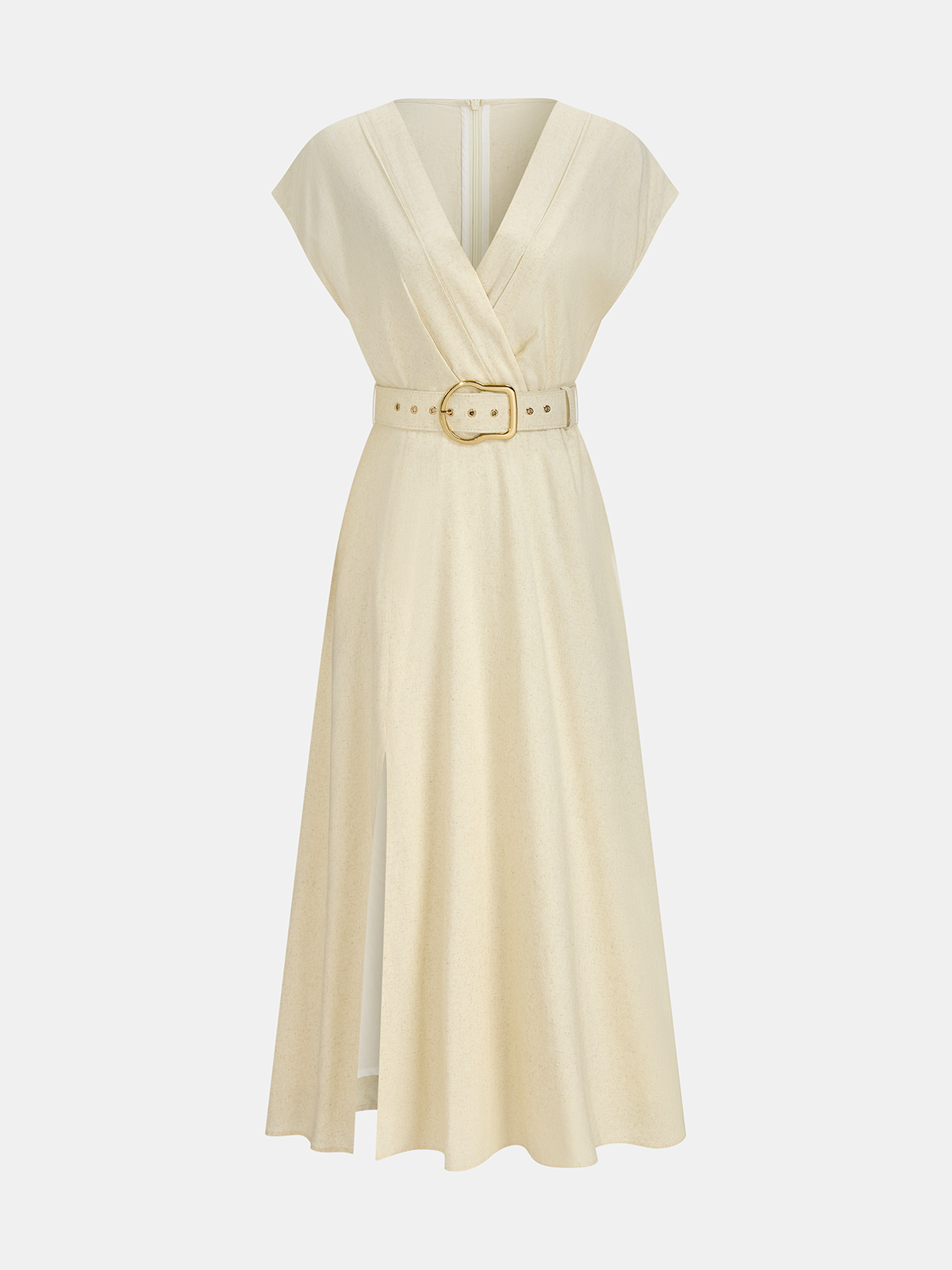Linen-Blend V-Neck Maxi Dress with Belt