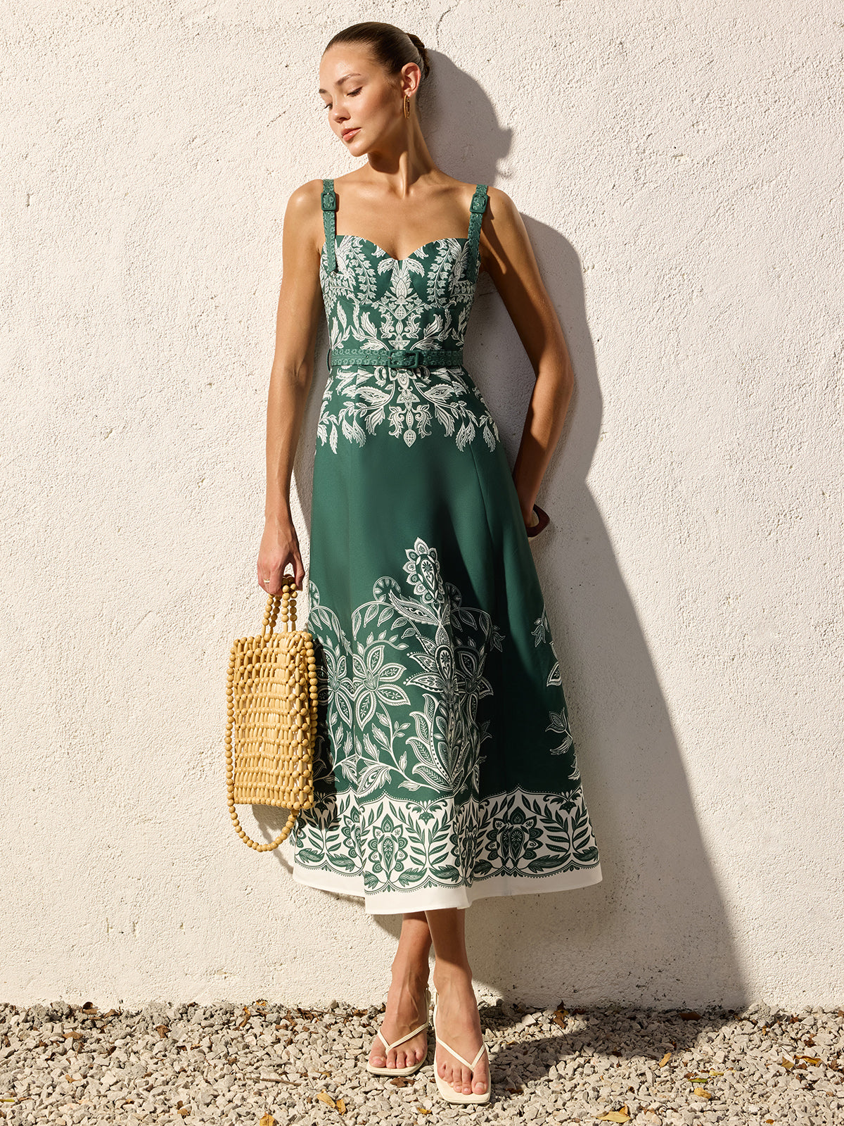 Belted Maxi Dress with Baroque Floral Cami Design
