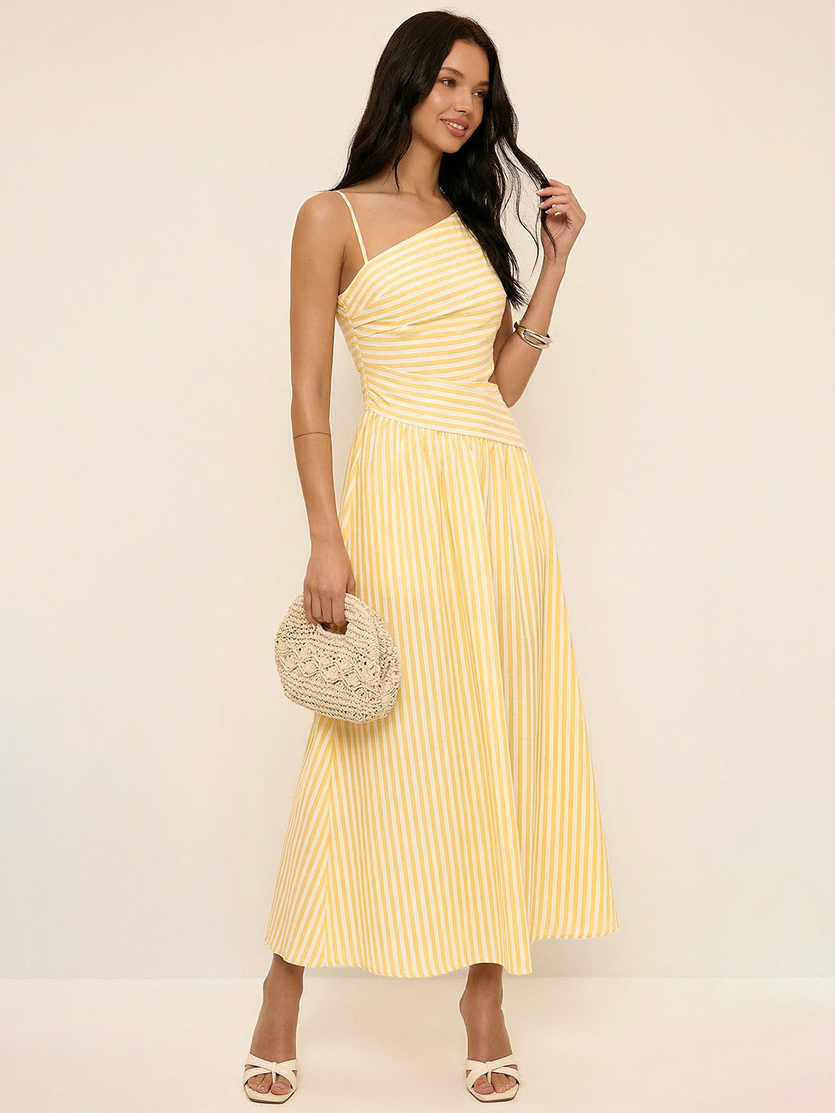 Striped Asymmetric Cami Maxi Dress with Cut-Out Detail