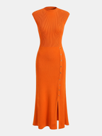 Cap Sleeve Ribbed Knit Button-Up Maxi Dress