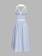 Striped Halter Midi Dress with Cotton Blend Collar