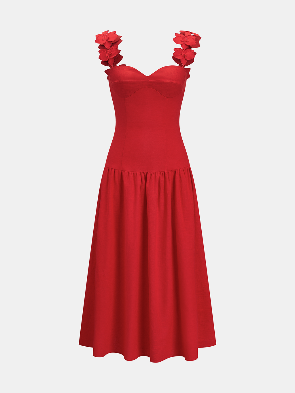 Floral Cotton Linen Strap Midi Dress