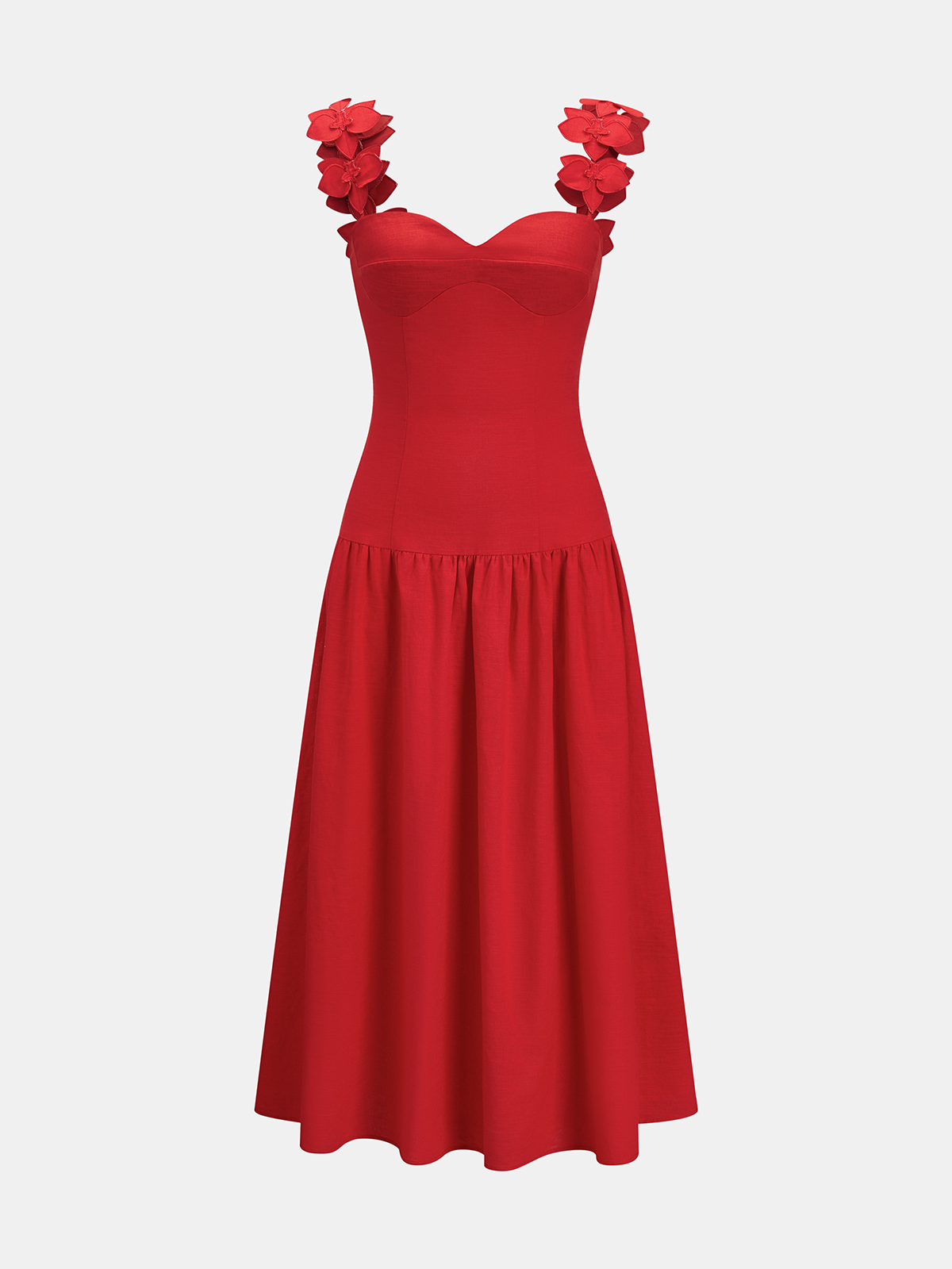 Floral Cotton Linen Strap Midi Dress