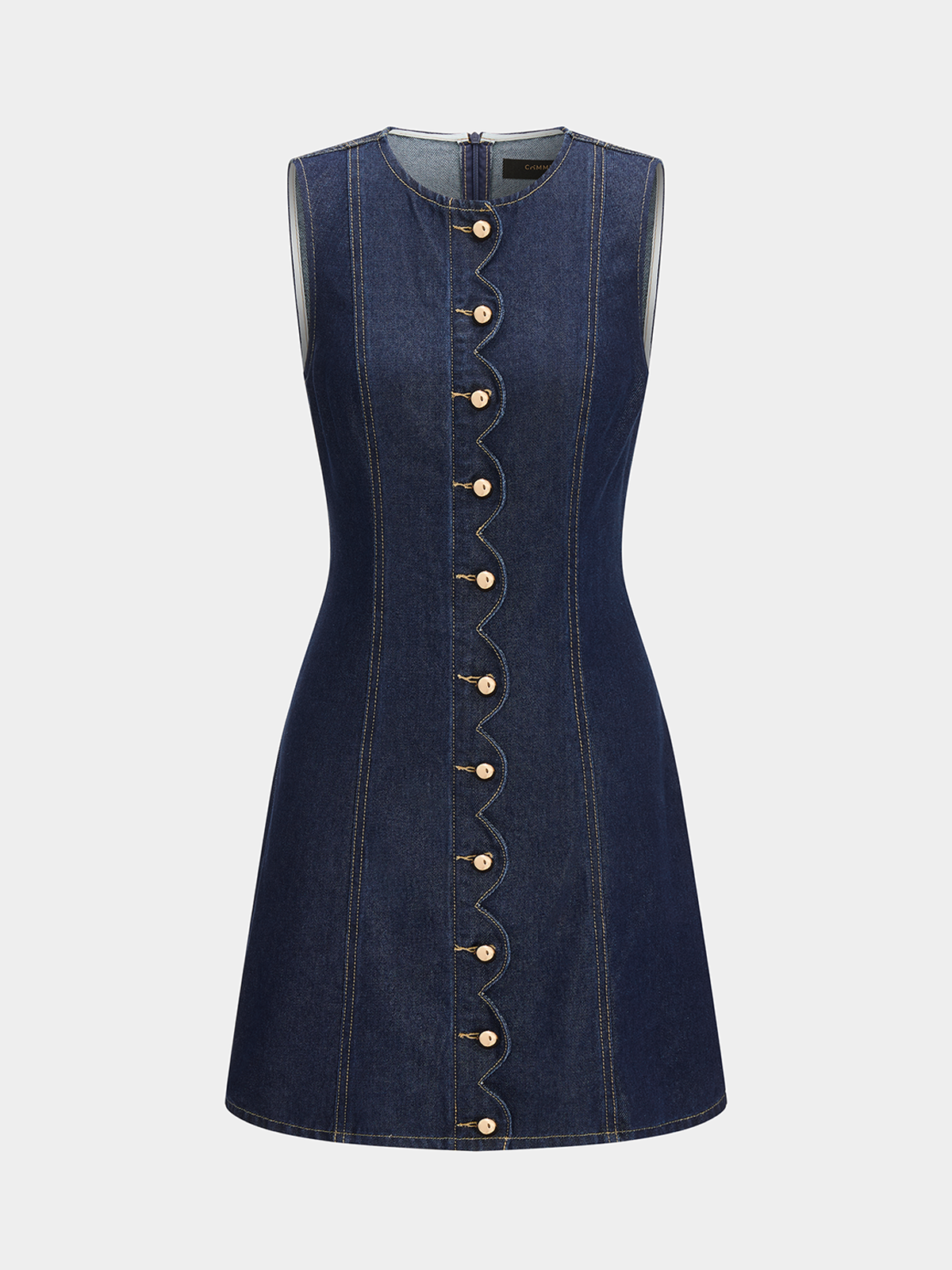 Button-Front Sleeveless Denim Mini Dress with Scallop Detail
